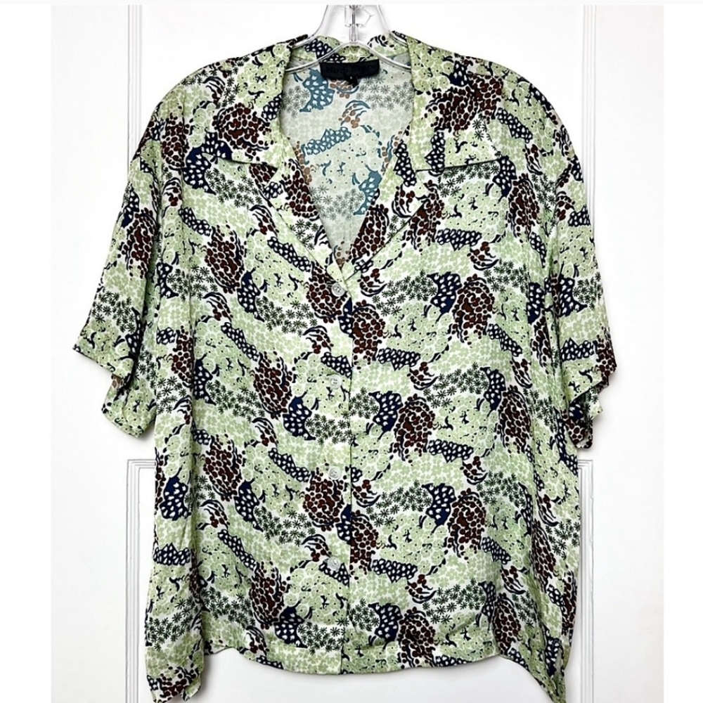 NO 6 STORE Floral Print Short Sleeve Button Down V-Neck Oversized Camp Shirt S